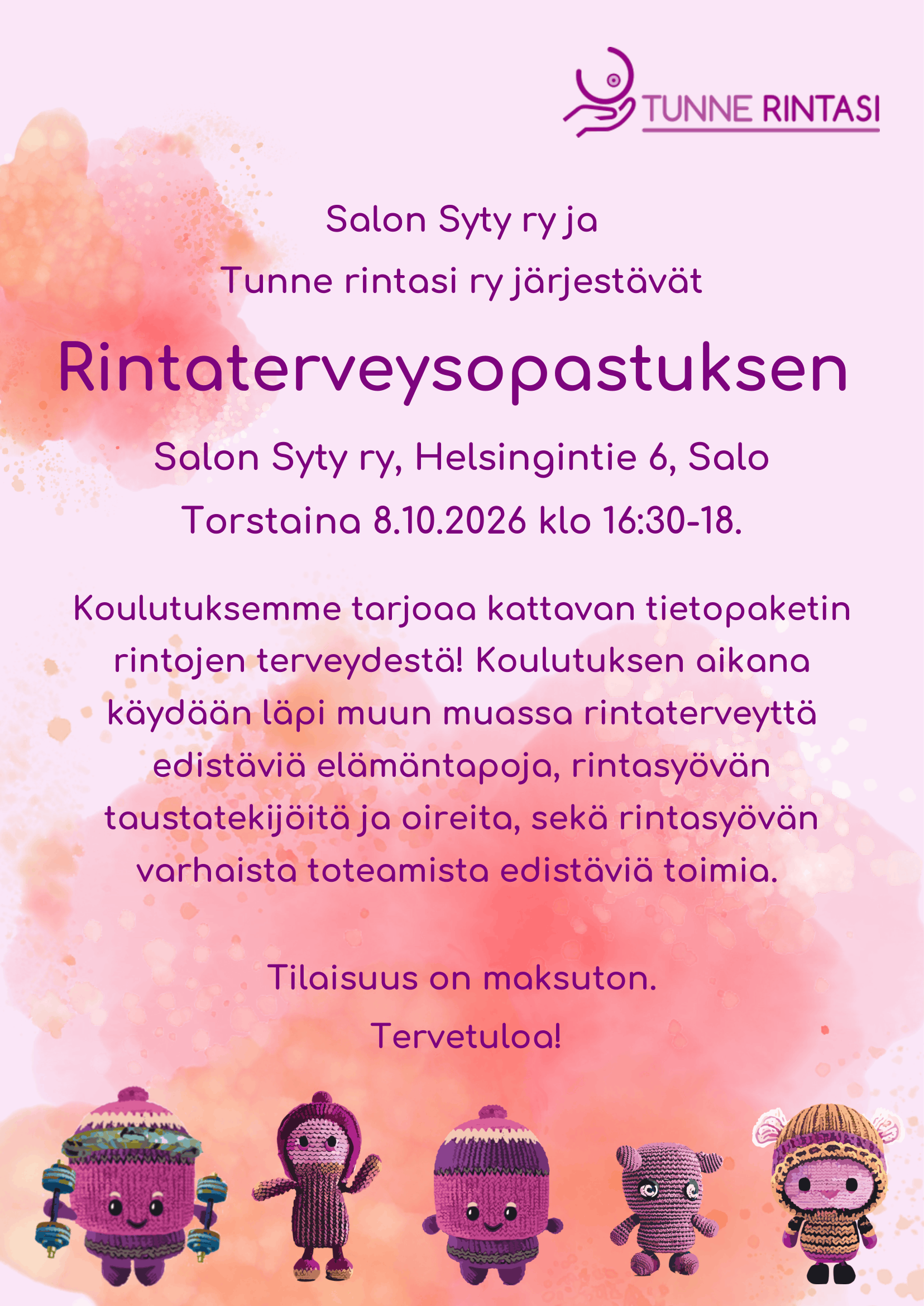 Vaaleanpunaisen Tunne rintasi ry:n esitteen alareunassa viisi kudottua hauskan näköistä pehmohahmoa.